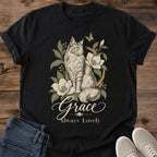 Vintage Cat Shirt Floral Botanical Design Soft Lightweight Tshirt Tabby Cat Portrait Magnolia Bloom Print Butterfly Detail Artistic Hand Drawn Illustration Muted Color Palette Casual Comfort Wear Perfect Feline Lover Gift Pet Owner Present
