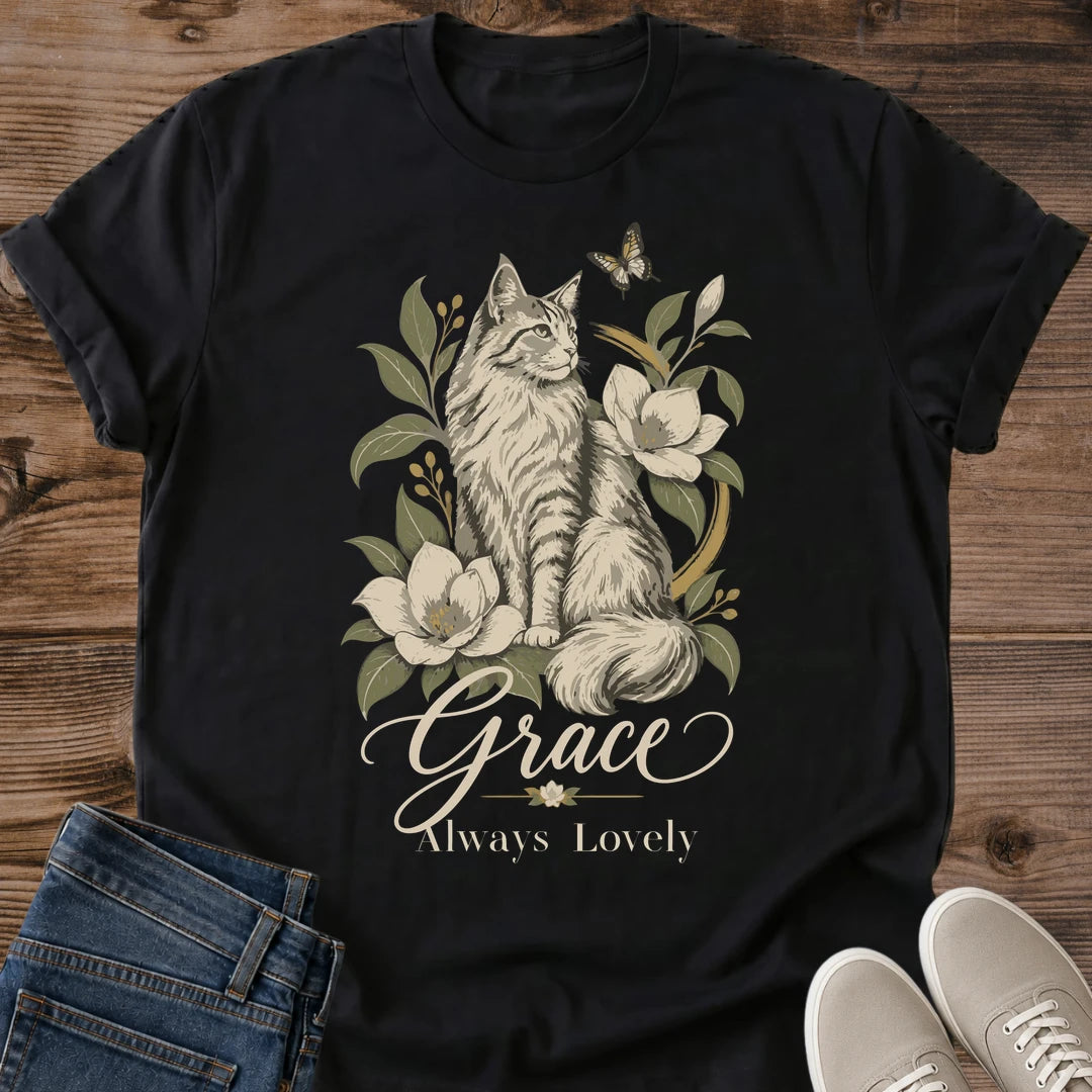 Vintage Cat Shirt Floral Botanical Design Soft Lightweight Tshirt Tabby Cat Portrait Magnolia Bloom Print Butterfly Detail Artistic Hand Drawn Illustration Muted Color Palette Casual Comfort Wear Perfect Feline Lover Gift Pet Owner Present