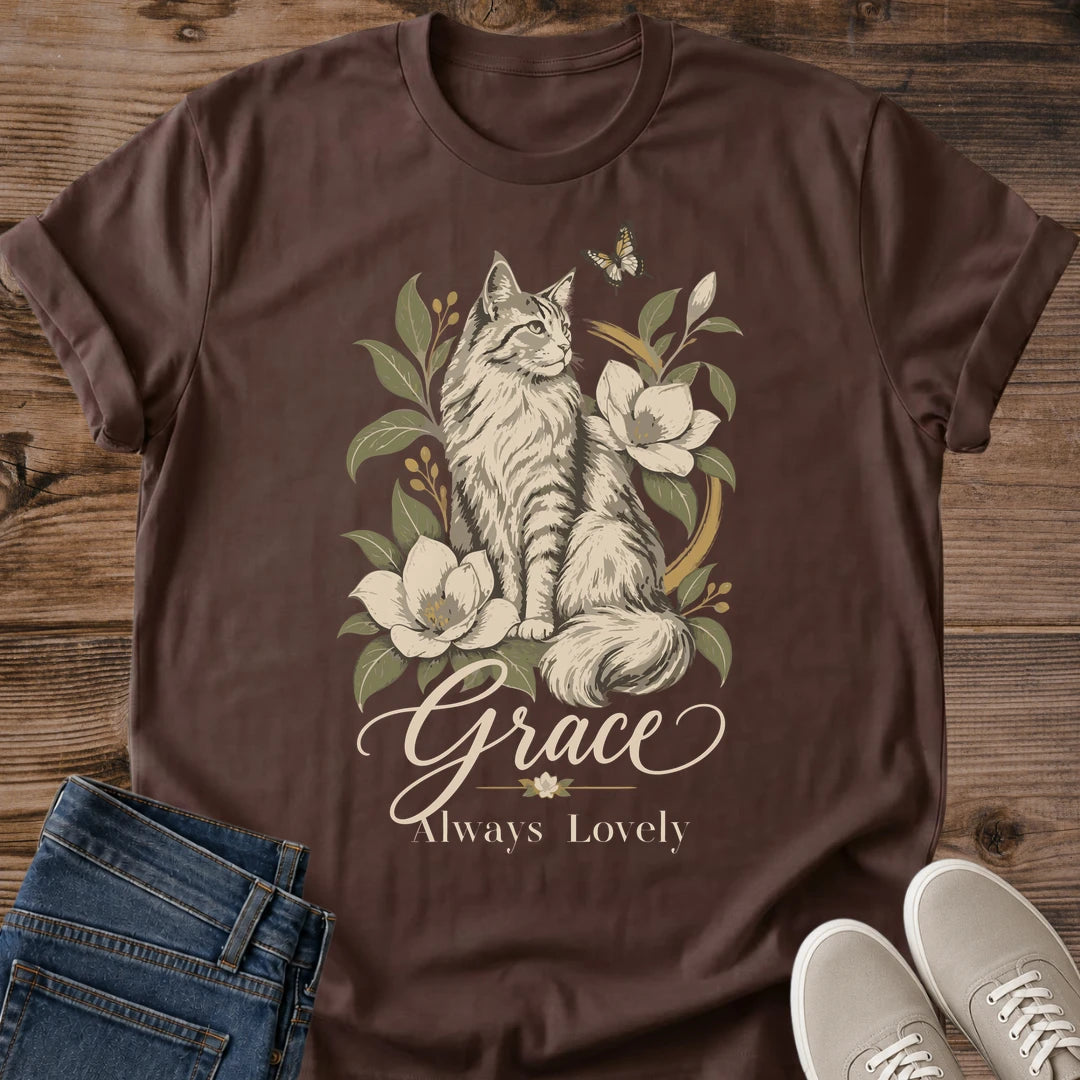 Botanical Pet Shirt Vintage Cat Design Floral Magnolia Print Soft Lightweight Tshirt Tabby Cat Illustration Butterfly Detail Artwork Hand Drawn Artistic Style Casual Comfort Wear Perfect Feline Lover Gift Cat Owner Present Everyday Fashion