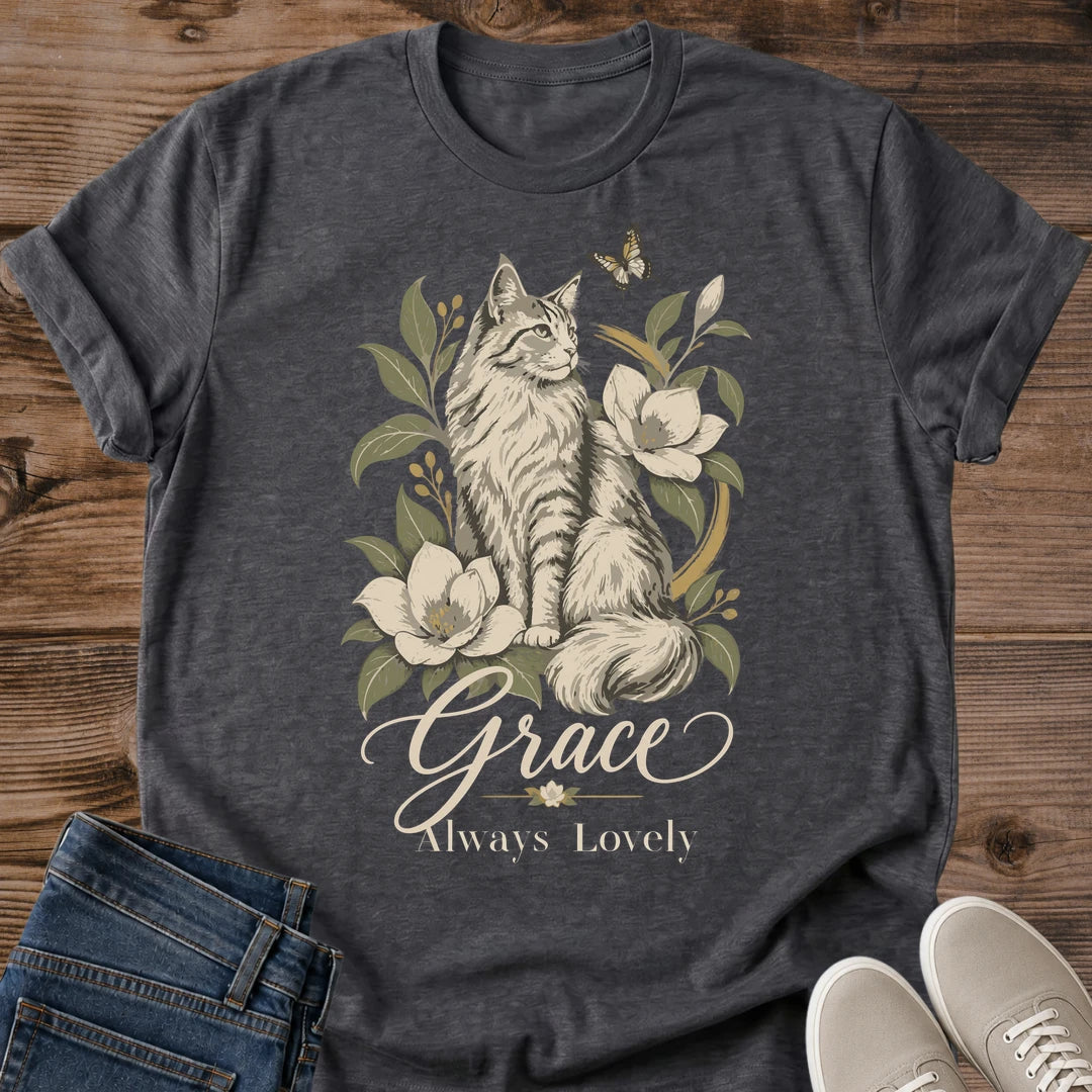 Floral Cat Tshirt Vintage Botanical Print Soft Cotton Shirt Tabby Cat Artwork Magnolia Flower Design Butterfly Accent Detail Hand Drawn Illustration Style Casual Everyday Wear Perfect Cat Lover Gift Feline Enthusiast Fashion Comfortable