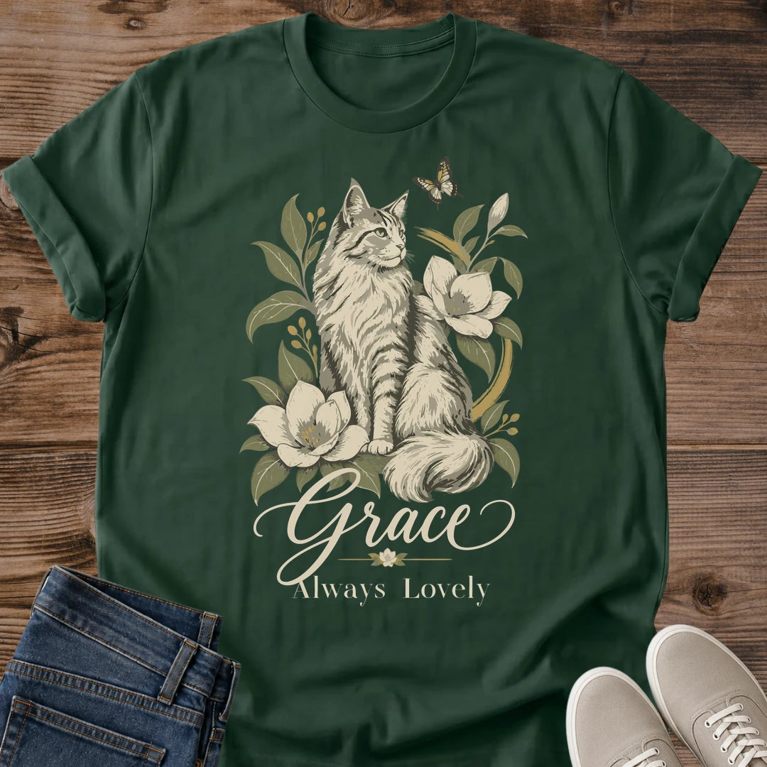Soft Cotton Cat Shirt Vintage Floral Illustration Tabby Cat Portrait Design Magnolia Bloom Pattern Botanical Pet Tshirt Lightweight Comfortable Fabric Artistic Hand Drawn Style Muted Vintage Palette Perfect Cat Lover Present Feline Fashion