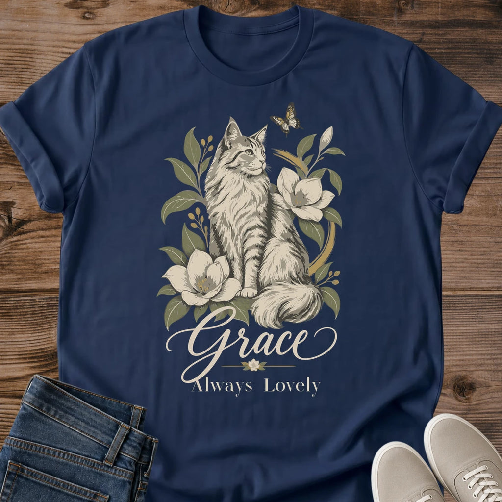 Cat Graphic Tee Vintage Floral Design Soft Cotton Shirt Perfect Cat Lover Gift Tabby Cat Illustration Magnolia Flower Print Botanical Pet Tshirt Lightweight Comfortable Fabric Crew Neck Style Casual Everyday Wear Feline Enthusiast Present