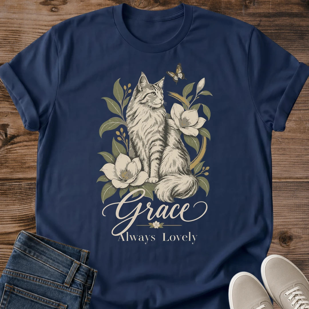 Cat Graphic Tee Vintage Floral Design Soft Cotton Shirt Perfect Cat Lover Gift Tabby Cat Illustration Magnolia Flower Print Botanical Pet Tshirt Lightweight Comfortable Fabric Crew Neck Style Casual Everyday Wear Feline Enthusiast Present