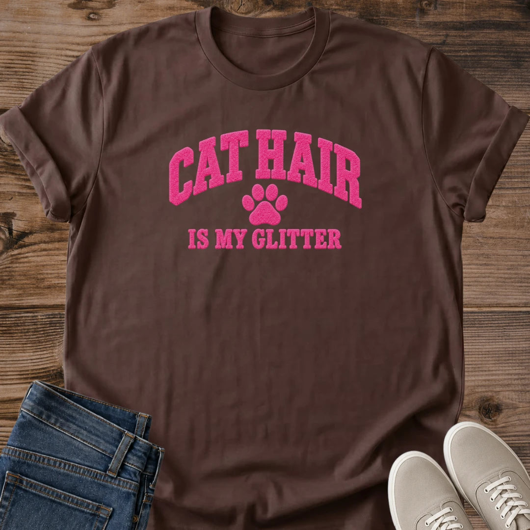 Cat Lover Gift Shirt Funny Cat Mom Tee Everyday Casual Wear Apparel Cat Hair Glitter Design Soft Cotton Fabric Construction Comfortable Crew Neck Style Pet Owner Clothing Collection Novelty Graphic Tee Breathable Material Lounge Shirt Gift