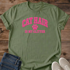 Comfortable Cotton Shirt Funny Cat Lover Tee Casual Everyday Wear Apparel Cat Mom Gift Collection Cat Hair Glitter Design Statement Soft Breathable Fabric Construction Crew Neck Style Shirt Pet Owner Clothing Novelty Graphic Tee Lounge