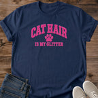 Cat Mom Shirt Funny Cat Tee Gift For Cat Lover Apparel Cat Hair Glitter Design Soft Cotton Fabric Crew Neck Style Comfortable Everyday Wear Pet Owner Clothing Novelty Graphic Tee Casual Lounge Shirt Breathable Material Construction Feline
