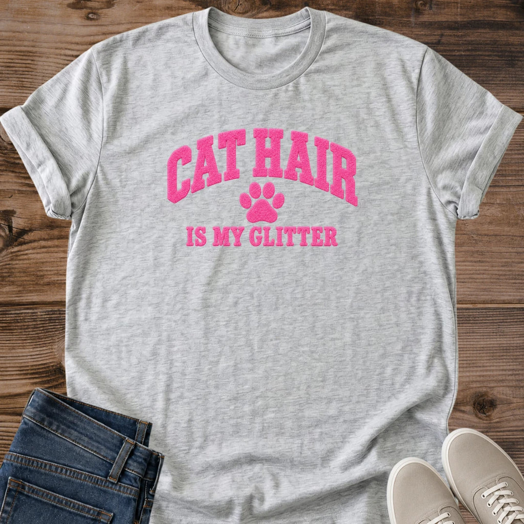 Gift For Cat Mom Funny Pet Owner Shirt Cat Lover Apparel Collection Cat Hair Glitter Statement Tee Soft Cotton Fabric Construction Comfortable Crew Neck Design Casual Everyday Wear Shirt Breathable Material Quality Novelty Graphic Clothing