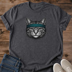 Vintage Cat Portrait Tee Soft Ringspun Cotton Graphic Shirt Retro Feline Design Cat Lover Gift Teal Headband Detail Crew Neck Style Comfortable Casual Wear Lightweight Fabric Everyday Fashion Relaxed Fit Weekend Shirt Unique Cat Apparel