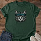 Detailed Cat Portrait Tee Vintage Graphic Design Soft Cotton Shirt Retro Feline Apparel Comfortable Casual Wear Cat Lover Gift Lightweight Fabric Style Crew Neck Fit Relaxed Weekend Fashion Teal Headband Accent Unique Cat Shirt Everyday