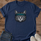 Soft Ringspun Cotton Tee Cat Graphic Design Comfortable Casual Shirt Vintage Portrait Print Lightweight Fabric Everyday Wear Retro Cat Lover Apparel Crew Neck Style Relaxed Weekend Fashion Teal Accent Detail Unique Feline Shirt Cat