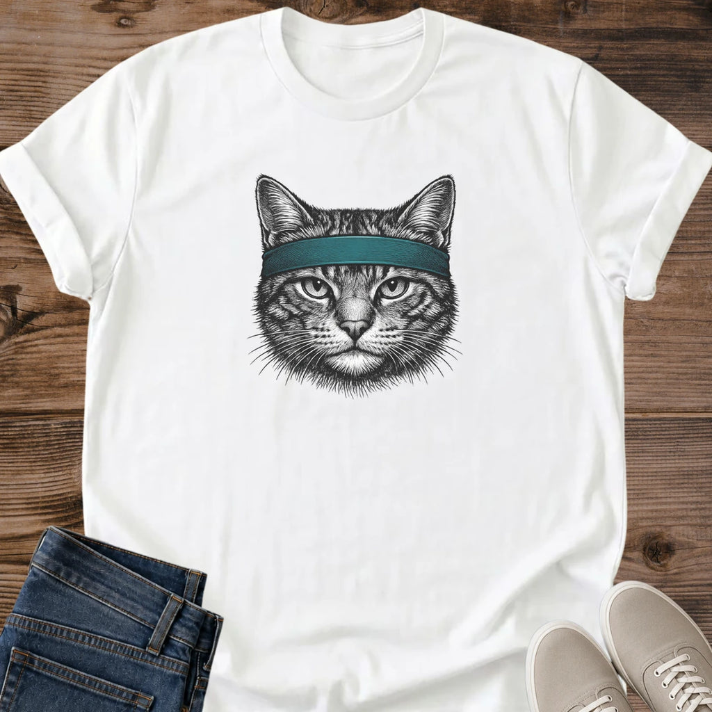 Cat Lover Graphic Tee Vintage Feline Portrait Design Retro Cat Shirt Soft Cotton Fabric Comfortable Casual Wear Teal Headband Accent Unique Cat Apparel Crew Neck Style Lightweight Everyday Shirt Relaxed Fit Fashion Cat Enthusiast Present