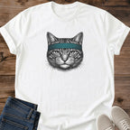 Cat Lover Graphic Tee Vintage Feline Portrait Design Retro Cat Shirt Soft Cotton Fabric Comfortable Casual Wear Teal Headband Accent Unique Cat Apparel Crew Neck Style Lightweight Everyday Shirt Relaxed Fit Fashion Cat Enthusiast Present