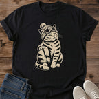 Casual Everyday Tee Shirt Cat Graphic Design Vintage Retro Style Clothing Comfortable Cotton Fabric Perfect Urban Wear Fashion Black Print Background Unique Animal Lover Gift Idea Soft Breathable Material Relaxed Weekend Wardrobe Essential