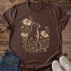 Floral Cat Tee Daisies And Wildflowers Fine Line Illustration Black Cotton Cat Mom Gift Shirt Cottagecore Aesthetic Softstyle Ring Spun Fabric Relaxed Retail Fit Nature Print Garden Themed Apparel Casual Everyday Layering