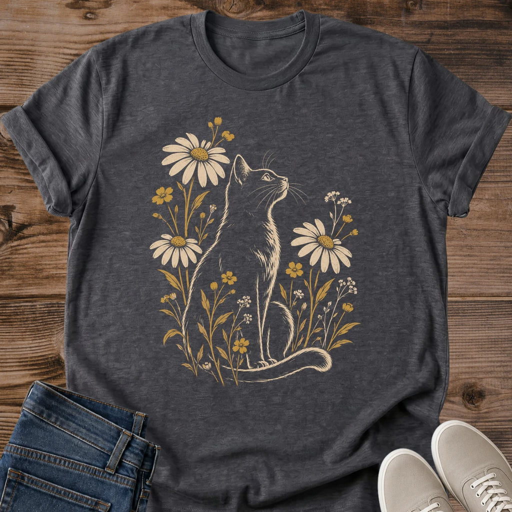 Botanical Cat Graphic Tee Daisies And Wildflowers Fine Line Print Vintage Garden Aesthetic Cat Owner Shirt Gift For Cat Lovers Softstyle Cotton Comfortable Relaxed Fit Nature Inspired Statement Piece Everyday Cottagecore Apparel