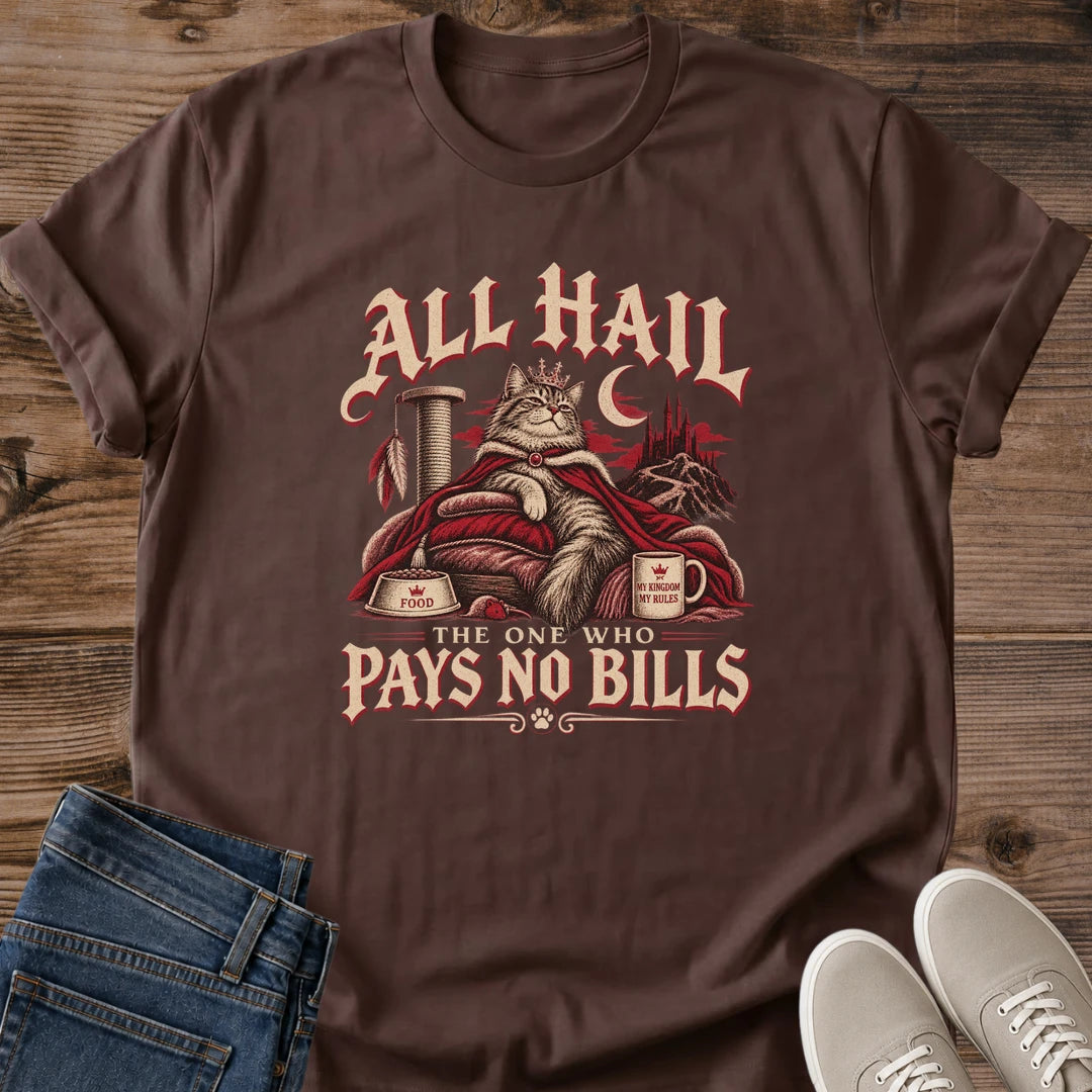 Cat King Shirt Funny Sarcastic Cat Graphic Tee All Hail The One Who Pays No Bills Crowned Cat Vintage Gothic Illustration Candles Crescent Moon Cream And Red Print On Dark Tee Soft Ring Spun Cotton Cat Lover Gift Cat Dad Humor Apparel