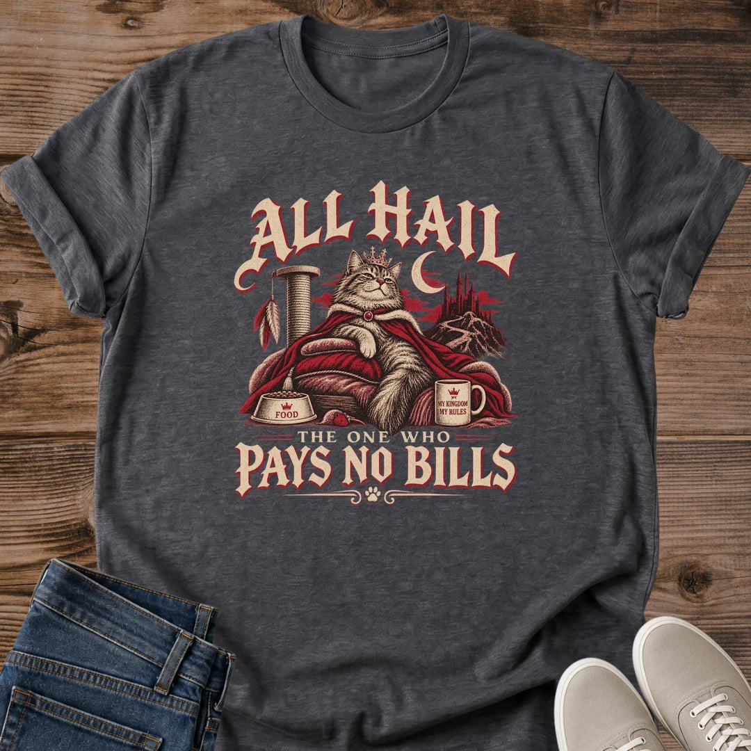 All Hail The One Who Pays No Bills Tee Cat King Graphic Shirt Vintage Gothic Crowned Cat Illustration Cream And Crimson Print Candles Crescent Moon Detail Soft Ring Spun Cotton Relaxed Fit Sarcastic Cat Lover Gift Dark Cat Apparel