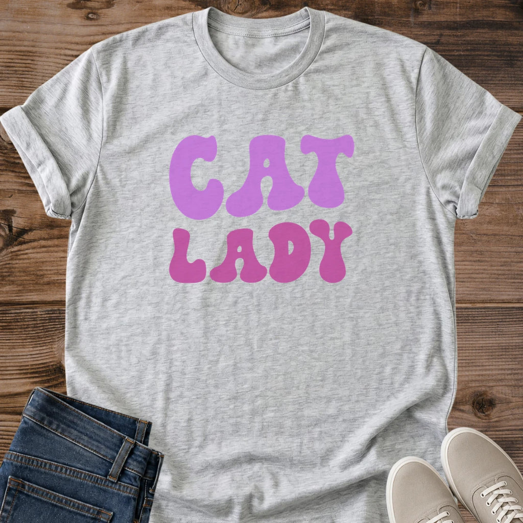 Vintage Cat Lady Tee Retro Groovy Design Magenta Print Shirt Soft Cotton Fabric Women Casual Wear Comfortable Fit Cat Lover Gift Perfect Everyday Essential Breathable Material Crew Neck Style Classic Fashion Statement Cat Enthusiast Present