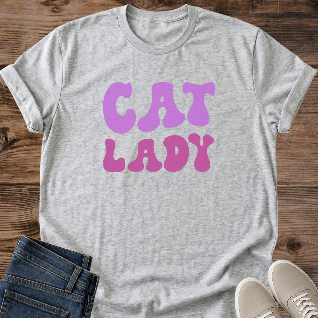 Vintage Cat Lady Tee Retro Groovy Design Magenta Print Shirt Soft Cotton Fabric Women Casual Wear Comfortable Fit Cat Lover Gift Perfect Everyday Essential Breathable Material Crew Neck Style Classic Fashion Statement Cat Enthusiast Present