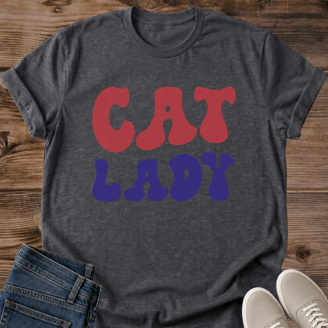 Cat Lover Graphic Tee Women Casual Shirt Retro Design Vintage Style Red Blue Color Scheme Perfect Gift Cat Owner Enthusiast Feline Fashion Pet Lover Apparel Comfortable Fit Everyday Wear Casual Clothing Collection Unique Design Statement