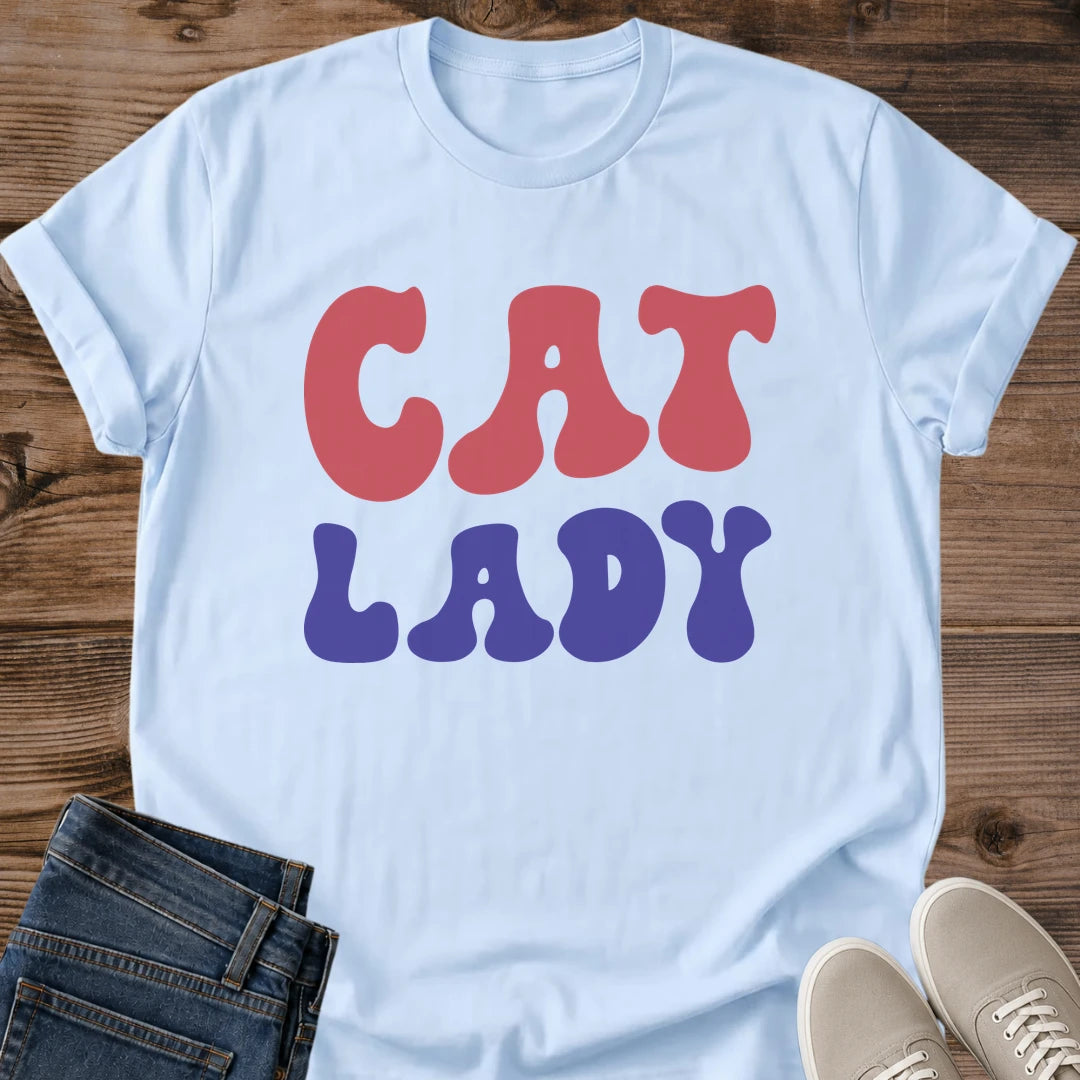 Vintage Cat Graphic Tee Retro Design Shirt Women Casual Apparel Feline Fashion Statement Red Blue Color Scheme Cat Lover Gift Perfect Present Pet Enthusiast Clothing Comfortable Everyday Wear Unique Cat Theme Collection Trendy Design