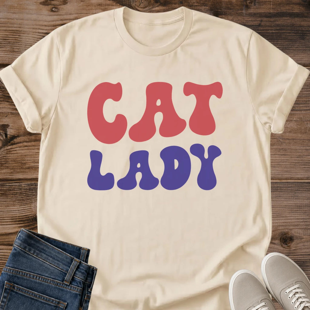 Pet Lover Graphic Tee Cat Design Retro Style Shirt Women Casual Apparel Vintage Fashion Statement Red Blue Color Scheme Feline Theme Gift Perfect Present Cat Enthusiast Clothing Comfortable Everyday Wear Unique Design Collection Trendy Cat