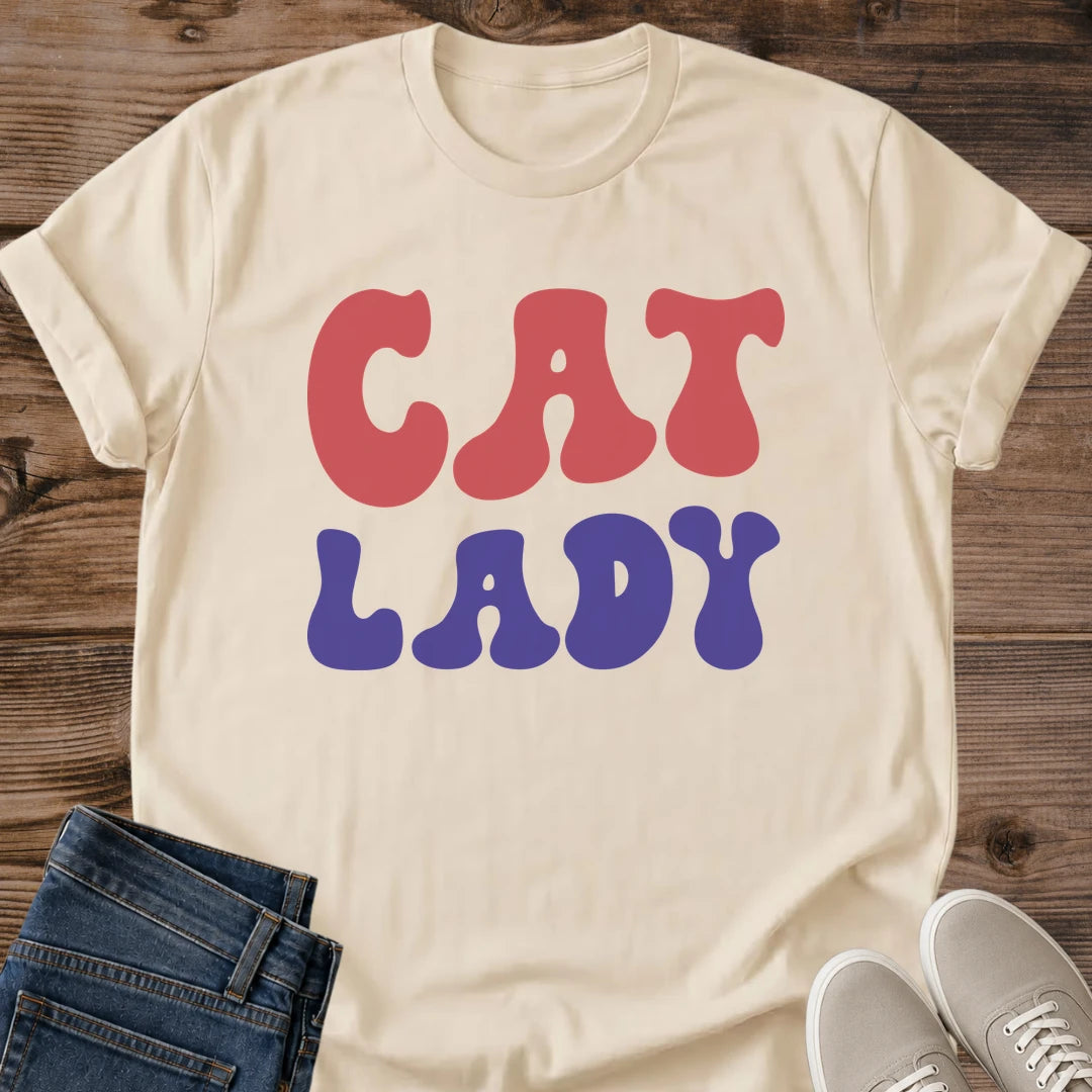 Pet Lover Graphic Tee Cat Design Retro Style Shirt Women Casual Apparel Vintage Fashion Statement Red Blue Color Scheme Feline Theme Gift Perfect Present Cat Enthusiast Clothing Comfortable Everyday Wear Unique Design Collection Trendy Cat