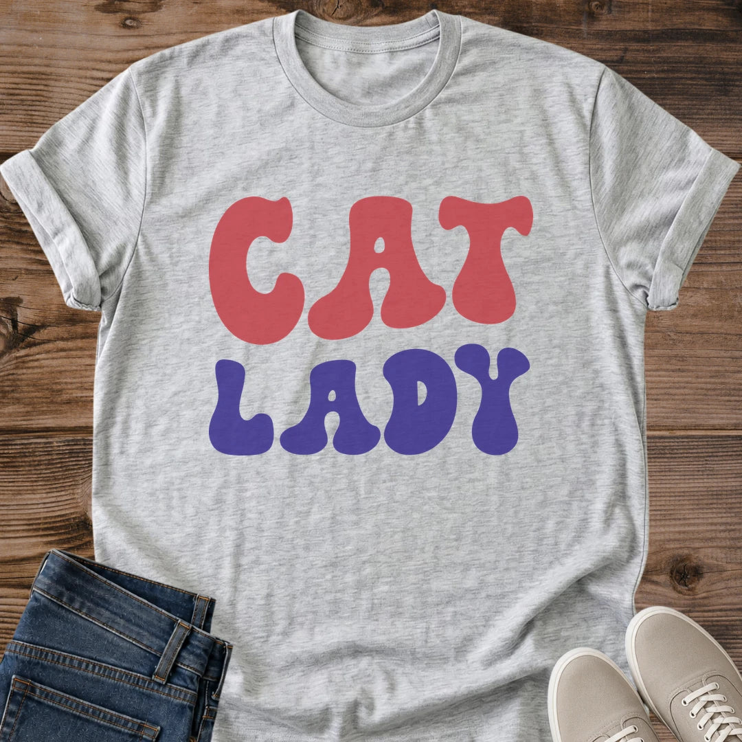 Retro Graphic Tee Cat Design Vintage Style Shirt Women Casual Apparel Red Blue Color Scheme Feline Fashion Statement Cat Lover Gift Perfect Present Pet Enthusiast Clothing Comfortable Everyday Wear Unique Cat Theme Collection Trendy Design