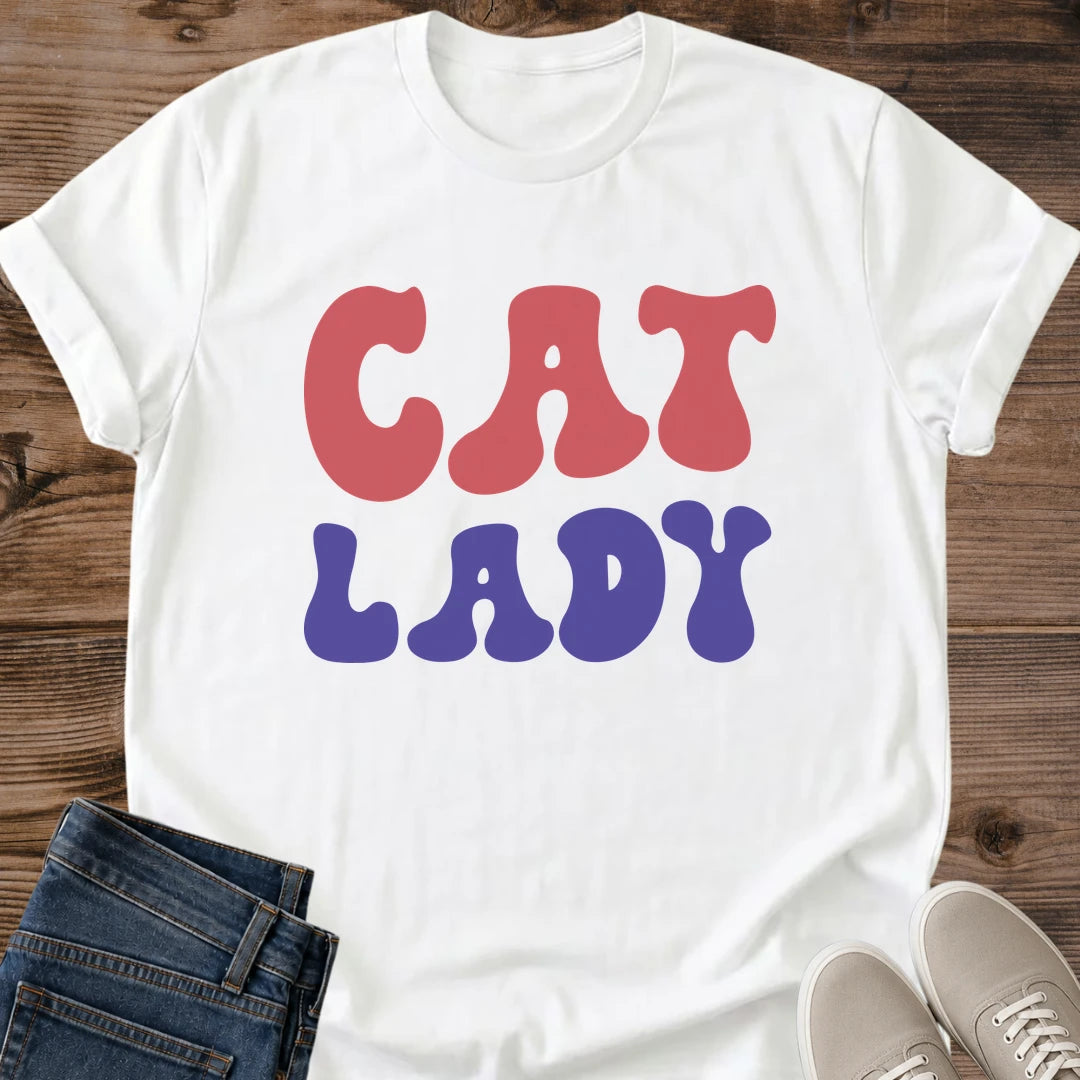 Feline Fashion Graphic Tee Retro Cat Design Women Casual Shirt Vintage Style Apparel Red Blue Color Scheme Cat Lover Gift Perfect Present Pet Enthusiast Clothing Comfortable Everyday Wear Unique Design Statement Piece Trendy Cat Theme
