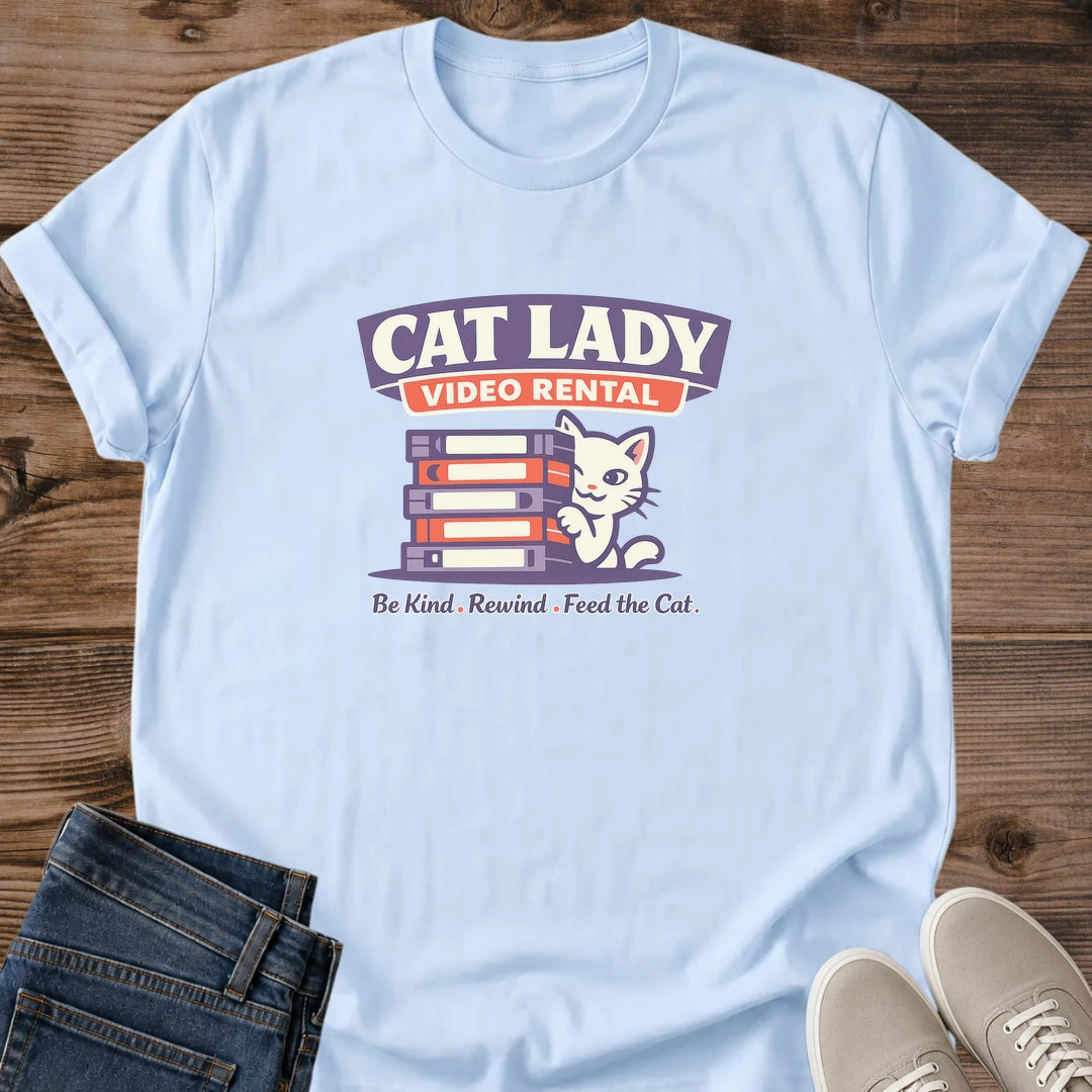 Vintage Movie Shirt Retro VHS Design Nostalgic Video Rental Theme Cat Lover Tshirt White Cat Graphic Soft Cotton Material Relaxed Fit Casual Apparel Comfortable Everyday Wear Retro Aesthetic Fashion Unique Cat Design Film Enthusiast Gift