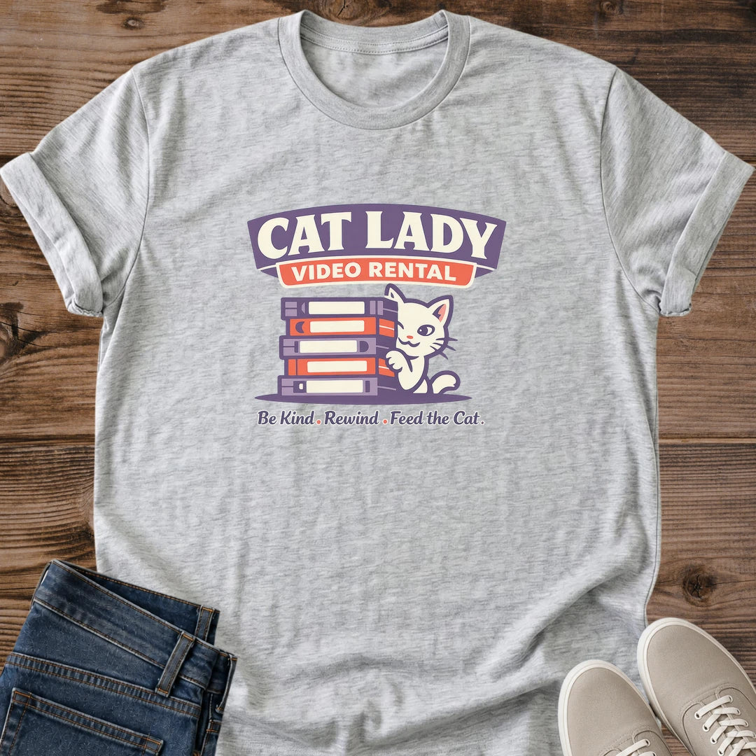 Retro Cat Tshirt Perfect Gift Cat Lover Present Nostalgic VHS Video Rental Design White Cat Graphic Vintage Movie Theme Soft Cotton Fabric Comfortable Casual Wear Unique Birthday Gift Cat Lady Apparel Relaxed Fit Everyday Shirt Film Buff