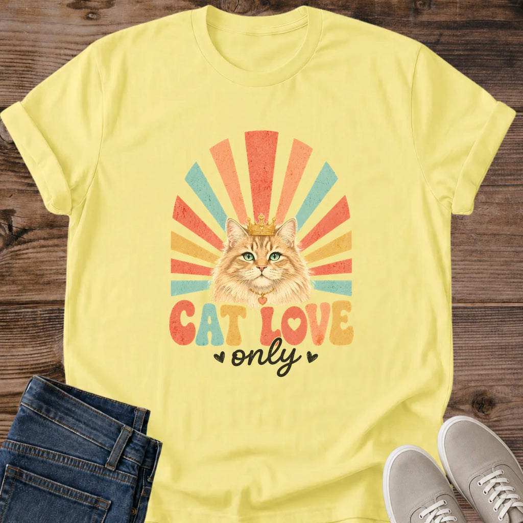 Soft Comfortable Cat Shirt Vintage Ginger Design Retro 70s Style Tee Rainbow Sunburst Pattern Graphic Casual Everyday Wear Cat Lover Fashion Essential Hand Lettered Cat Love Phrase Lightweight Breathable Fabric Nostalgic Appeal Perfect Gift