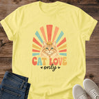 Soft Comfortable Cat Shirt Vintage Ginger Design Retro 70s Style Tee Rainbow Sunburst Pattern Graphic Casual Everyday Wear Cat Lover Fashion Essential Hand Lettered Cat Love Phrase Lightweight Breathable Fabric Nostalgic Appeal Perfect Gift