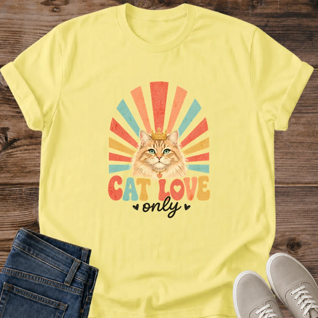 Rainbow Sunburst Cat Tee Vintage 70s Design Retro Ginger Cat Graphic Shirt Nostalgic Fashion Style Soft Comfortable Fabric Cat Lover Gift Idea Hand Lettered Phrase Design Casual Everyday Outfit Lightweight Breathable Material Perfect