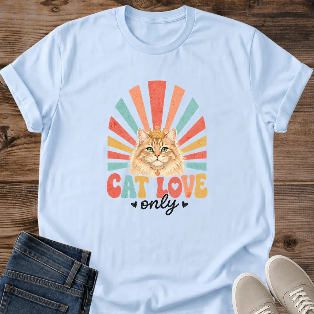 Retro Cat Shirt Vintage Ginger Cat Design Rainbow Sunburst Pattern 70s Style Graphic Tee Soft Comfortable Fabric Casual Everyday Wear Cat Lover Fashion Statement Hand Lettered Cat Love Phrase Nostalgic Appeal Lightweight Breathable Material