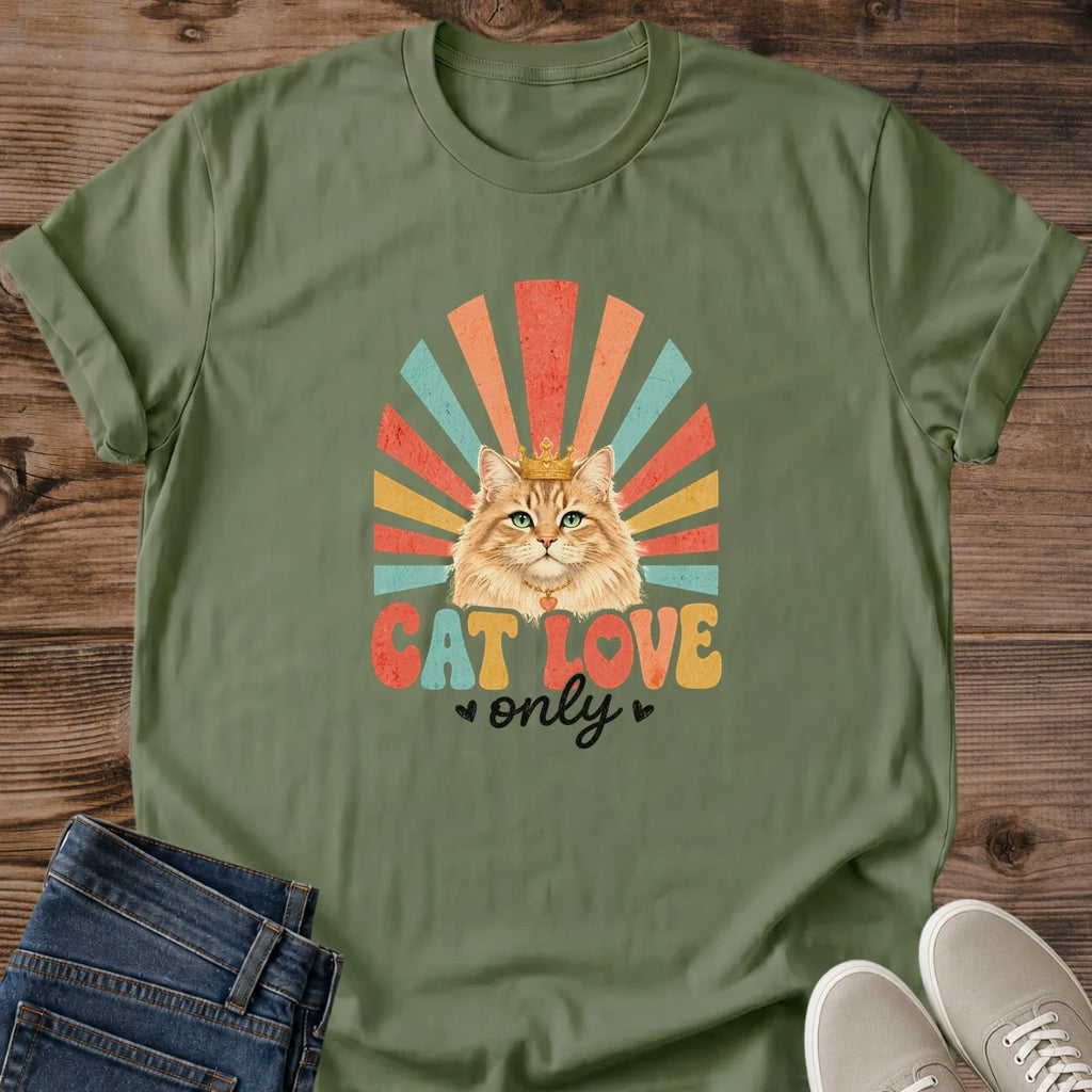 Ginger Cat Shirt Retro Design Vintage Style Tee Casual Everyday Wear Comfortable Soft Fabric Rainbow Sunburst Pattern 70s Aesthetic Cat Lover Apparel Hand Lettered Cat Love Phrase Lightweight Breathable Material Cozy Independent Style