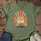 Ginger Cat Shirt Retro Design Vintage Style Tee Casual Everyday Wear Comfortable Soft Fabric Rainbow Sunburst Pattern 70s Aesthetic Cat Lover Apparel Hand Lettered Cat Love Phrase Lightweight Breathable Material Cozy Independent Style