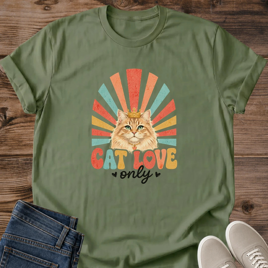 Ginger Cat Shirt Retro Design Vintage Style Tee Casual Everyday Wear Comfortable Soft Fabric Rainbow Sunburst Pattern 70s Aesthetic Cat Lover Apparel Hand Lettered Cat Love Phrase Lightweight Breathable Material Cozy Independent Style