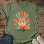 Rainbow Sunburst Cat Tee Vintage 70s Design Retro Ginger Cat Graphic Shirt Nostalgic Fashion Style Soft Comfortable Fabric Cat Lover Gift Idea Hand Lettered Phrase Design Casual Everyday Outfit Lightweight Breathable Material Perfect