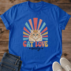 Retro Cat Shirt Vintage Ginger Cat Design Rainbow Sunburst Pattern 70s Style Graphic Tee Soft Comfortable Fabric Casual Everyday Wear Cat Lover Fashion Statement Hand Lettered Cat Love Phrase Nostalgic Appeal Lightweight Breathable Material