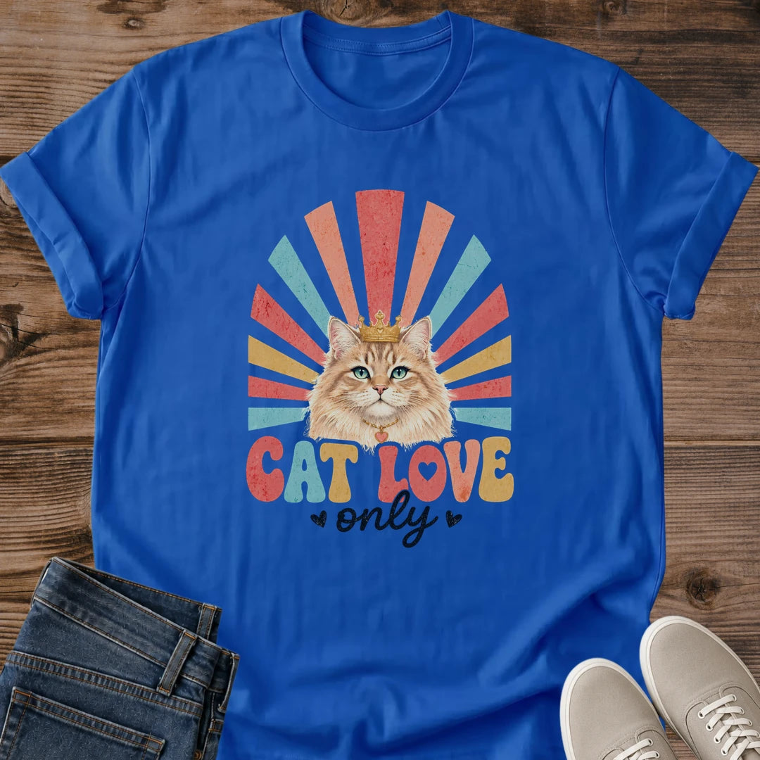 Retro Cat Shirt Vintage Ginger Cat Design Rainbow Sunburst Pattern 70s Style Graphic Tee Soft Comfortable Fabric Casual Everyday Wear Cat Lover Fashion Statement Hand Lettered Cat Love Phrase Nostalgic Appeal Lightweight Breathable Material