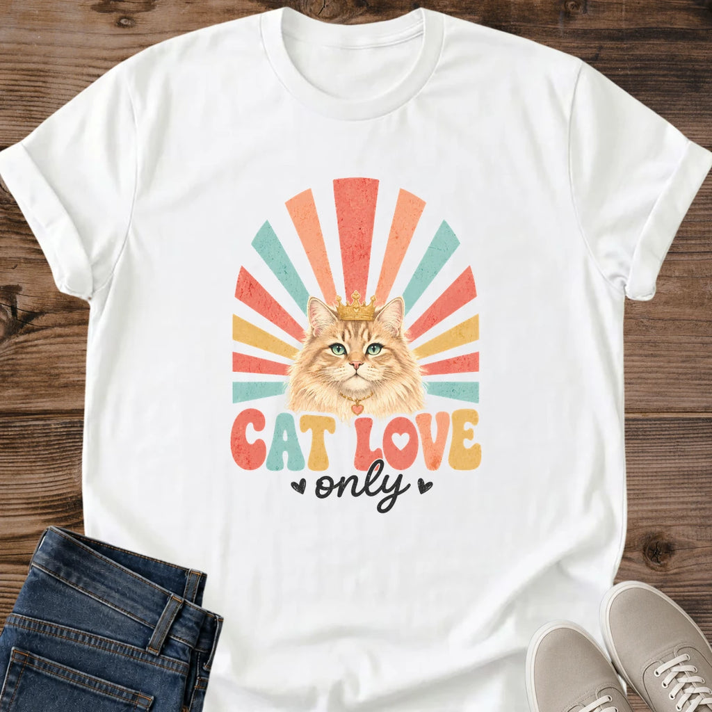 Ginger Cat Shirt Retro Design Vintage Style Tee Casual Everyday Wear Comfortable Soft Fabric Rainbow Sunburst Pattern 70s Aesthetic Cat Lover Apparel Hand Lettered Cat Love Phrase Lightweight Breathable Material Cozy Independent Style
