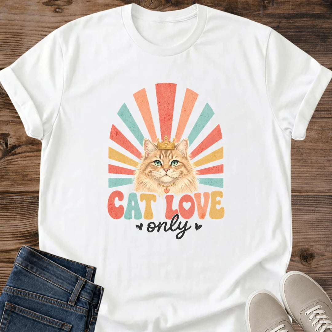 Ginger Cat Shirt Retro Design Vintage Style Tee Casual Everyday Wear Comfortable Soft Fabric Rainbow Sunburst Pattern 70s Aesthetic Cat Lover Apparel Hand Lettered Cat Love Phrase Lightweight Breathable Material Cozy Independent Style
