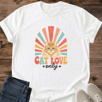 Vintage Cat Tshirt Ginger Cat Graphic Design Retro Rainbow Sunburst Style Cat Lover Gift Shirt Soft Fabric Comfortable Fit Casual Wear Essential Hand Lettered Phrase Cat Love Only 70s Inspired Fashion Nostalgic Design Perfect Present For
