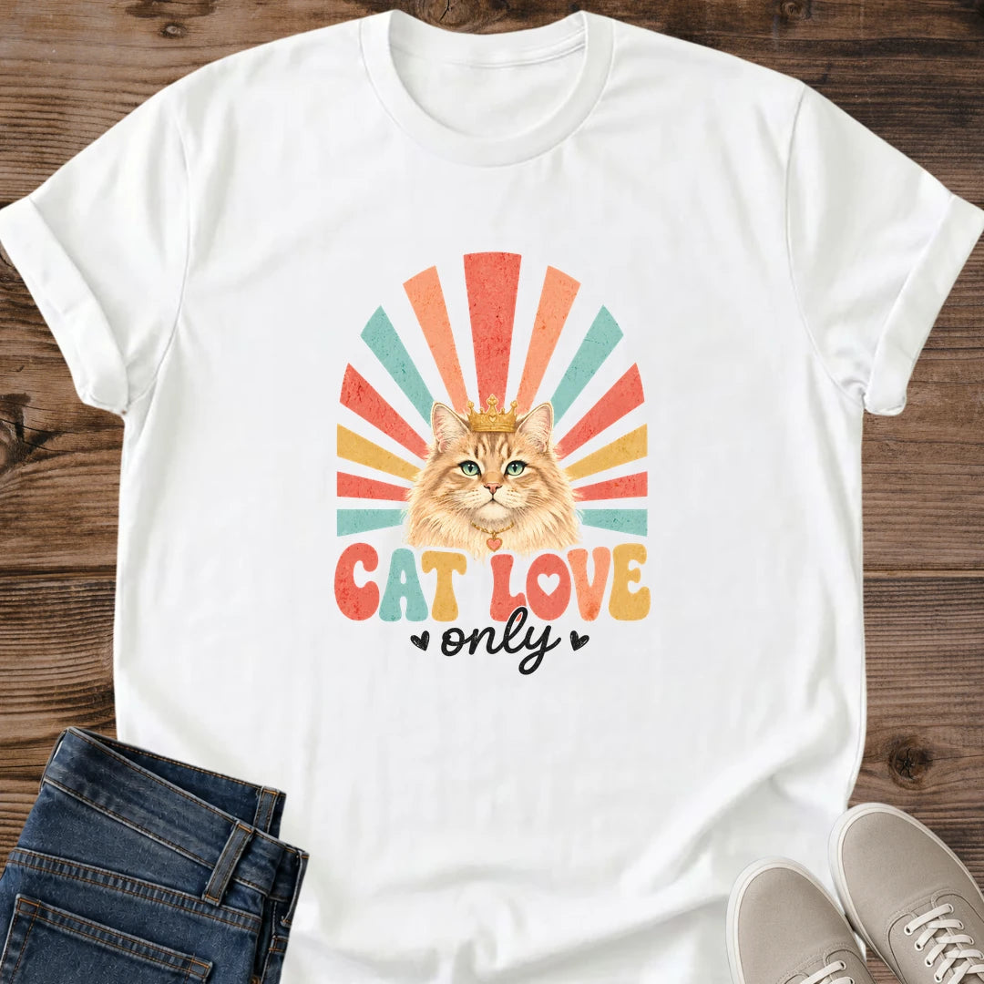 Vintage Cat Tshirt Ginger Cat Graphic Design Retro Rainbow Sunburst Style Cat Lover Gift Shirt Soft Fabric Comfortable Fit Casual Wear Essential Hand Lettered Phrase Cat Love Only 70s Inspired Fashion Nostalgic Design Perfect Present For