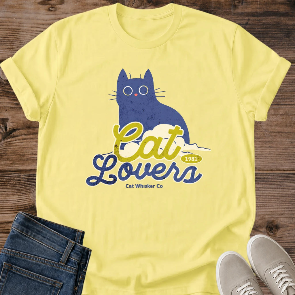 Soft Fabric Cat Shirt Comfortable Graphic Tee Blue Cat Illustration Wide Eye Design Retro Script Typography Casual Everyday Wear Lightweight Material Perfect Cat Lover Gift Whimsical Art Style Pet Parent Essential Weekend Lounging Comfort