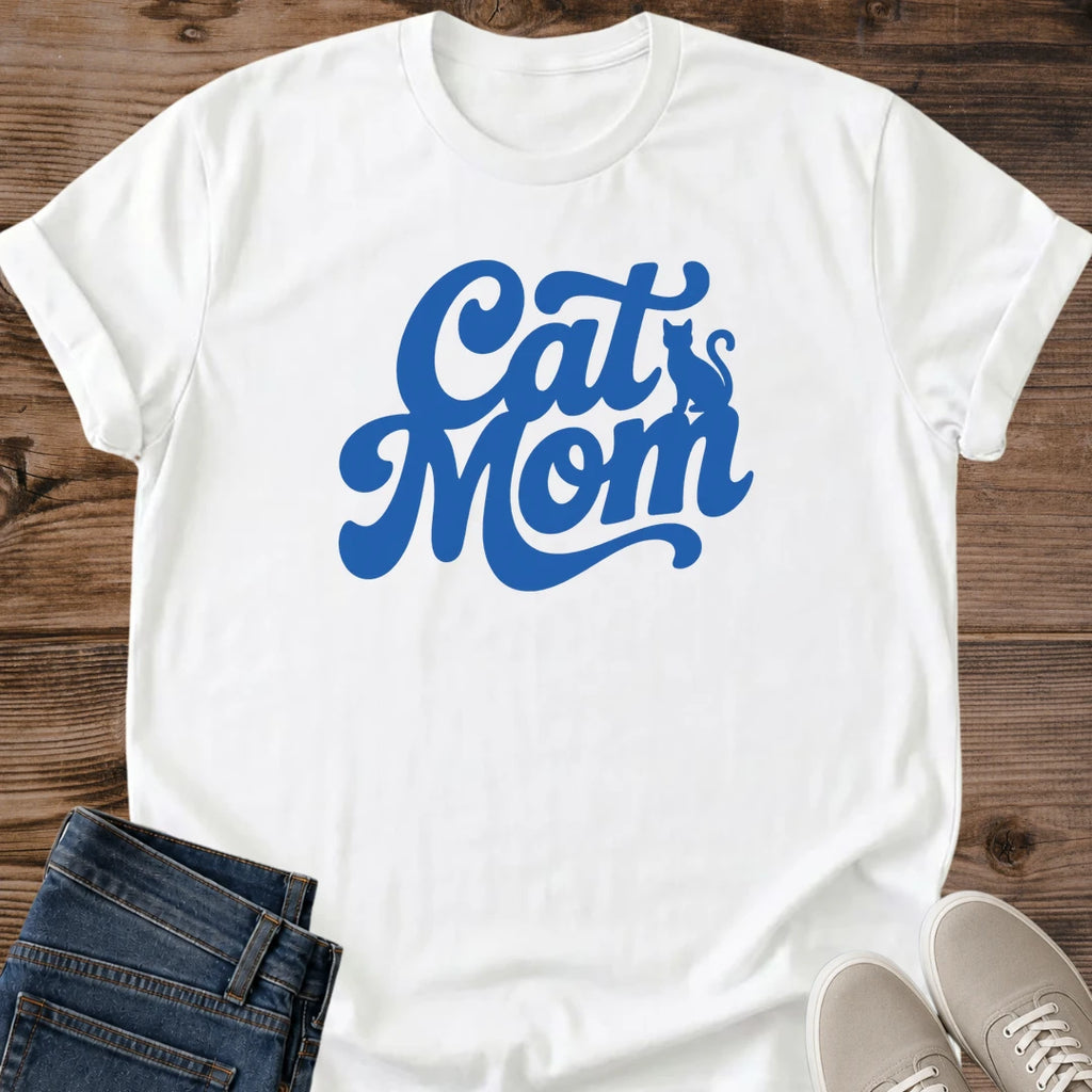 Cat Mom Tee Retro Cat Mom Shirt Bold Blue Script Lettering With Sitting Cat Silhouette Classic Varsity Style Design Cat Mama Shirt Cat Owner Gift For Her New Cat Mom Gift Everyday Cat Mom Tee Soft Cotton Unisex Shirt Cat Whisker Co