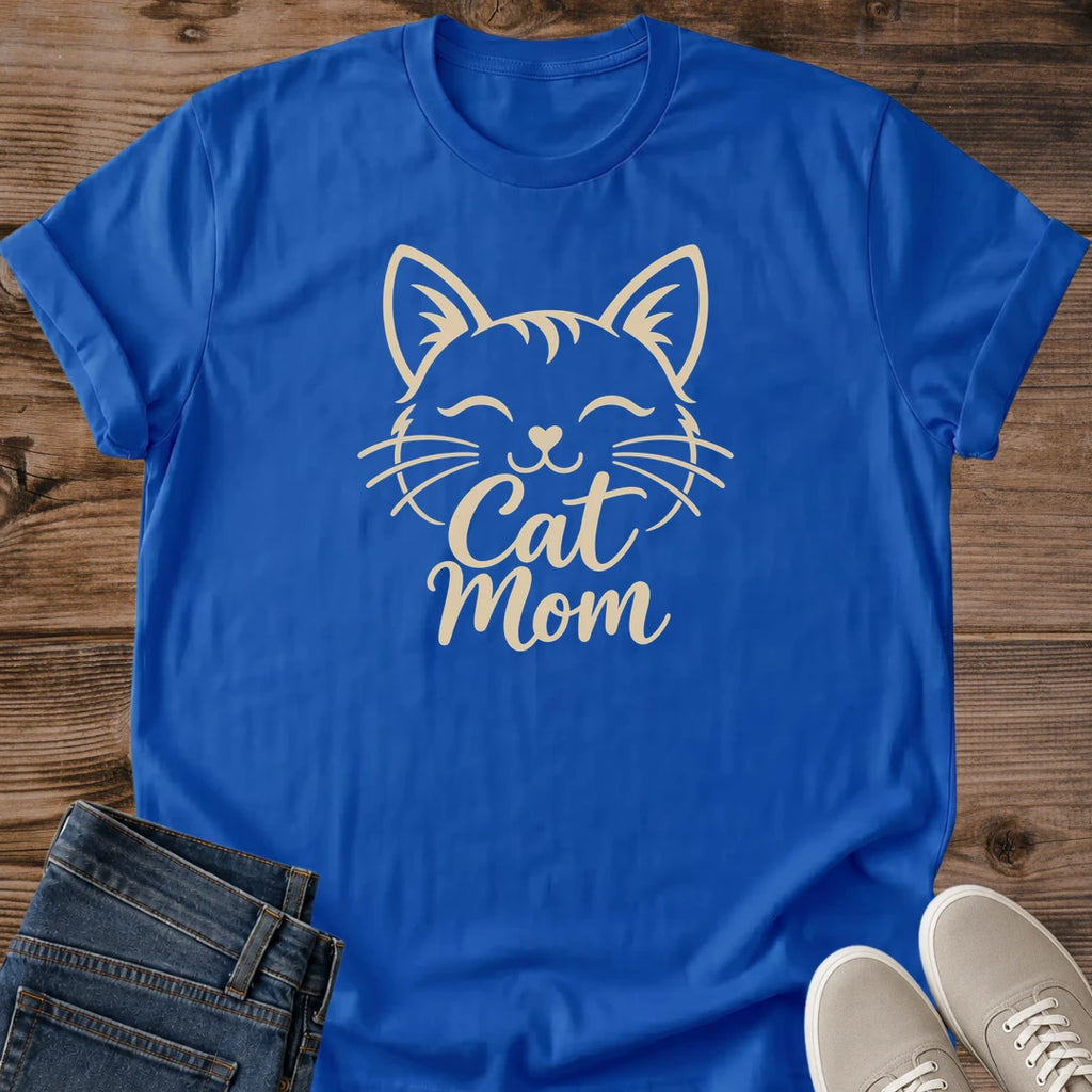 Cute Cat Shirt Smiling Feline Design Cat Mom Tee Soft Lightweight Fabric Comfortable Casual Wear Simple Graphic Print Perfect Cat Lover Gift Everyday Tee Shirt Relaxed Fit Style Cozy Weekend Wear Animal Lover Apparel Pet Parent Clothing