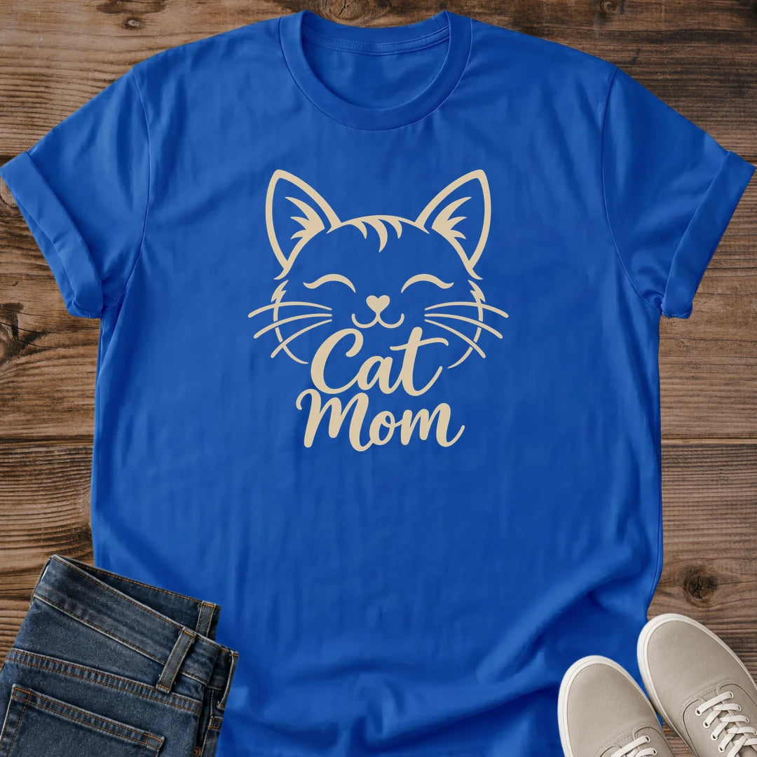Cute Cat Shirt Smiling Feline Design Cat Mom Tee Soft Lightweight Fabric Comfortable Casual Wear Simple Graphic Print Perfect Cat Lover Gift Everyday Tee Shirt Relaxed Fit Style Cozy Weekend Wear Animal Lover Apparel Pet Parent Clothing
