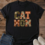 Colorful Cat Mom Graphic Tee Floral Patchwork Letters Print Cute Aesthetic Cat Owner Shirt Gift For Cat Lovers Softstyle Cotton Comfortable Relaxed Fit Statement Piece Everyday Casual Wear Apparel Gift Idea